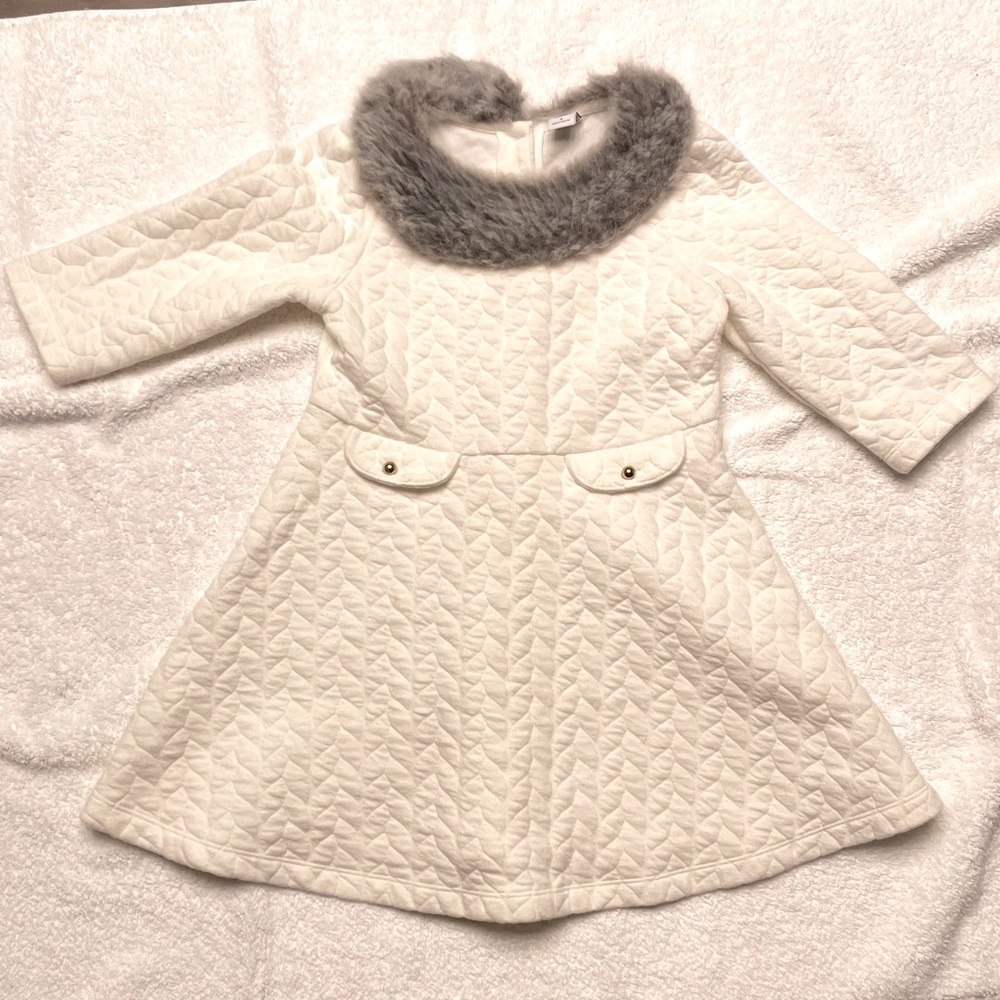 Janie and Jack white dress with gray faux fur neckline - size 4 year old